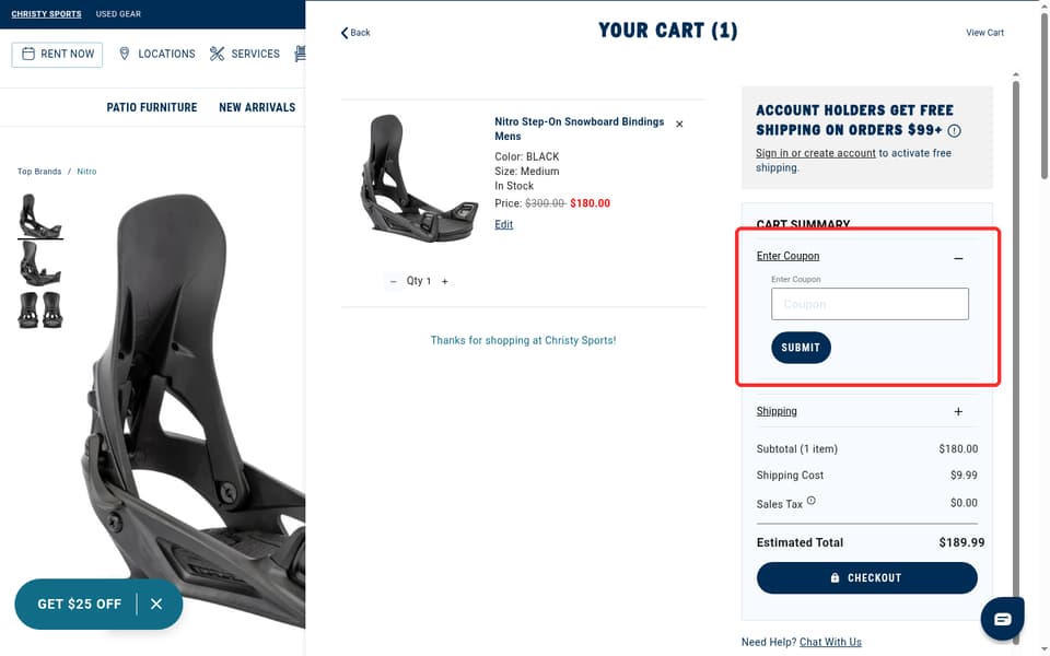 Christy Sports checkout page showing the Coupon field and Submit button