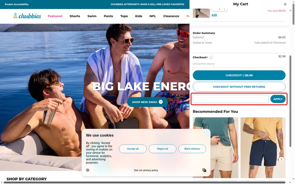 Chubbies checkout page showing the discountCode field and Apply button