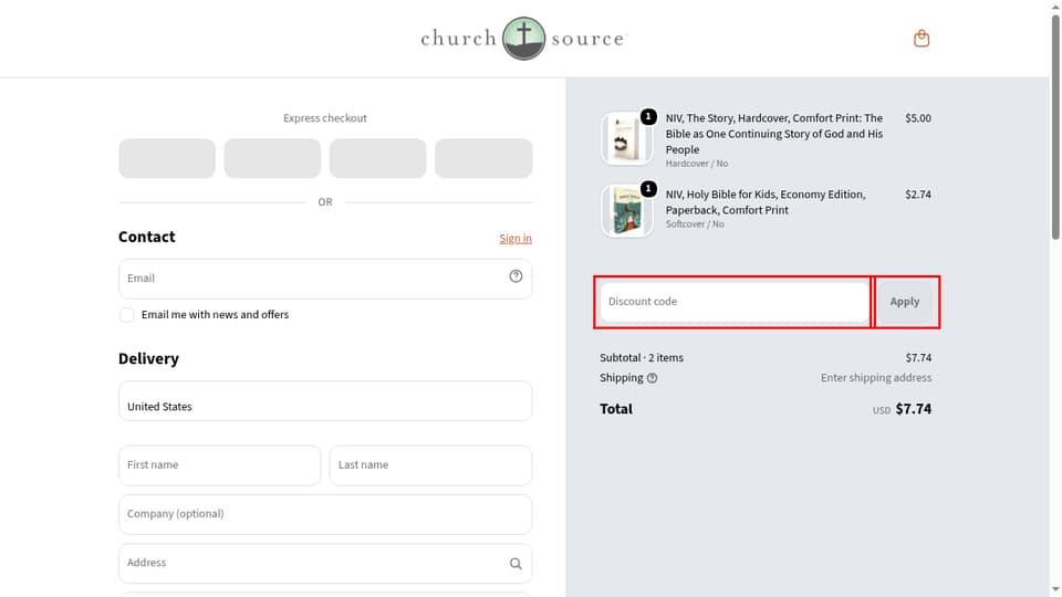 ChurchSource checkout page showing the Discount code field and Apply button