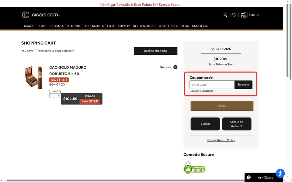 Cigars.com checkout page showing the Enter Code field and Redeem button