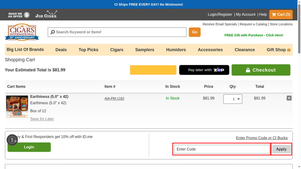 Cigars International checkout page showing the Enter Code field and Apply button