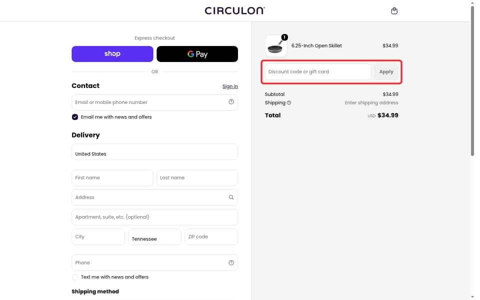 Circulon checkout page showing the Discount code or gift card field and Apply button