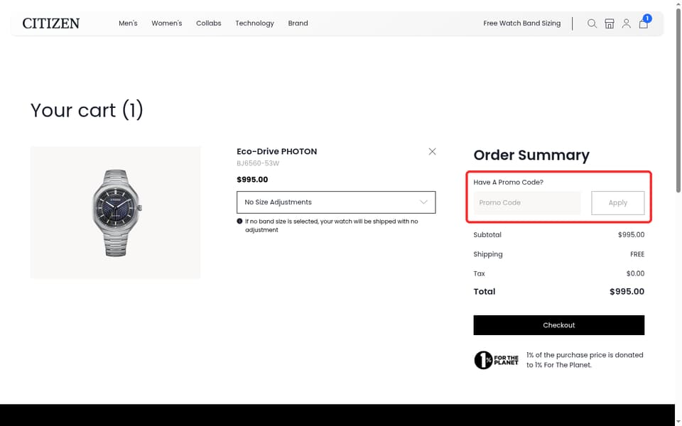 Citizen checkout page showing the Promo Code field and Apply button