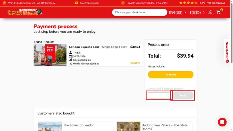 City Sightseeing checkout page showing the promo code field and Apply button
