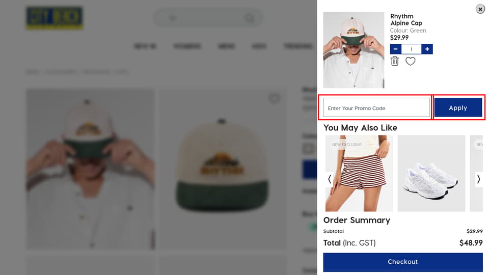 City Beach checkout page showing the Enter Your Promo Code field and Apply button