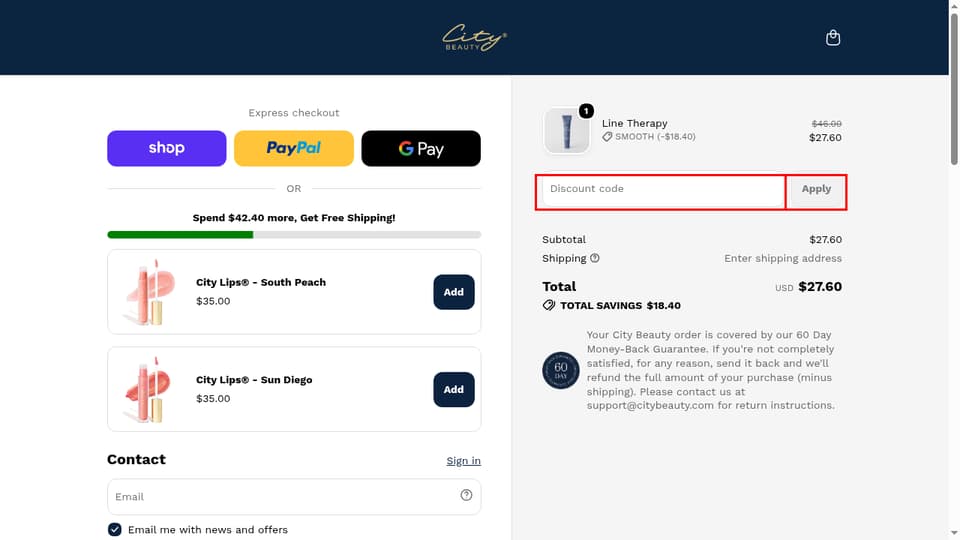 City Beauty checkout page showing the Discount code field and Apply button
