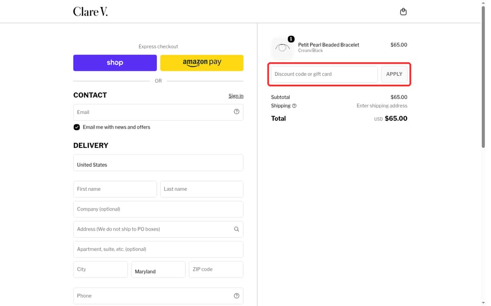 Clare V. checkout page showing the Discount code or gift card field and Apply button