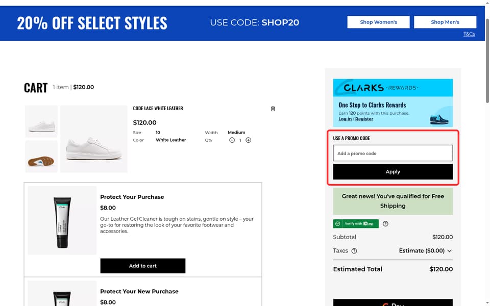 Clarks checkout page showing the Add a promo code field and Apply button