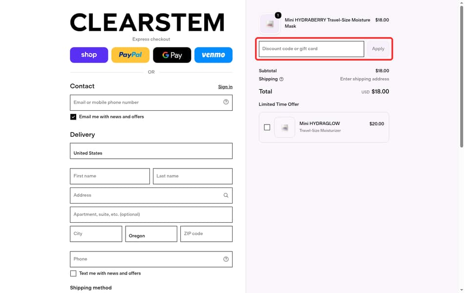 CLEARSTEM Skincare checkout page showing the Discount code or gift card field and Apply button