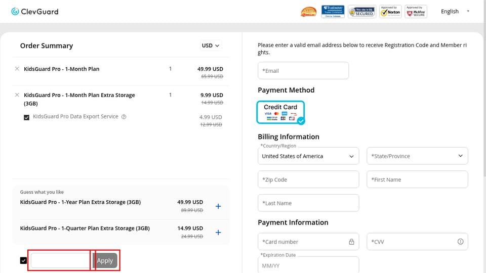 ClevGuard checkout page showing the coupon field and Apply button