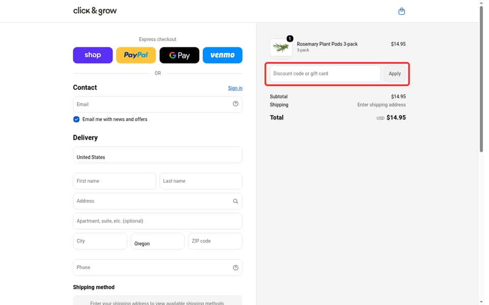 Click & Grow checkout page showing the Discount code or gift card field and Apply button