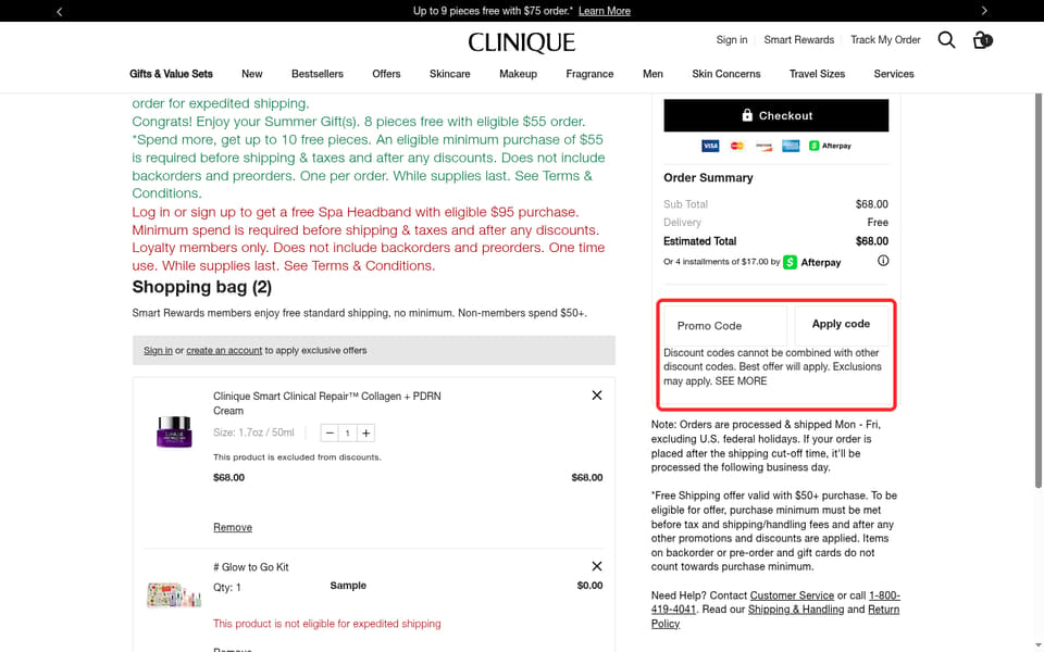 Clinique checkout page showing the Promo Code field and Apply code button