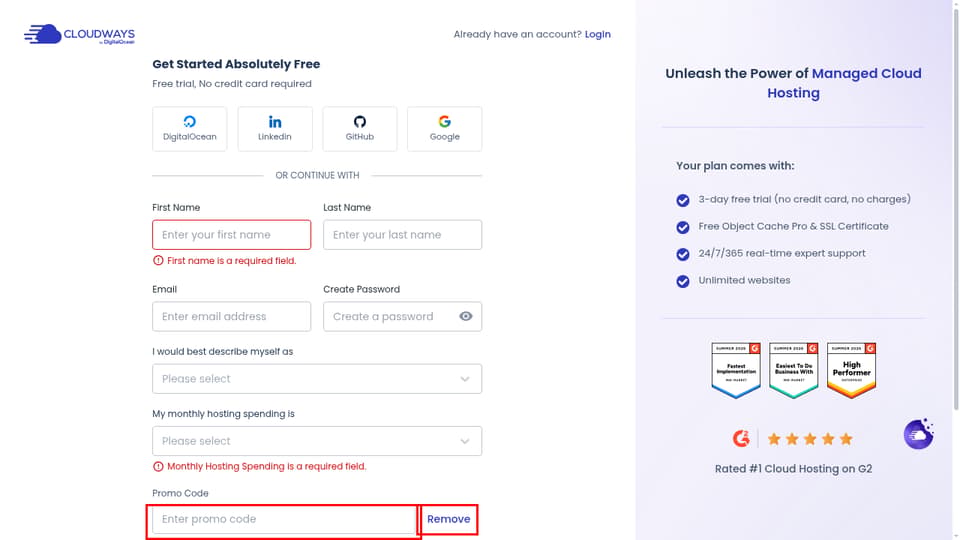 Cloudways checkout page showing the Enter promo code field and Apply button