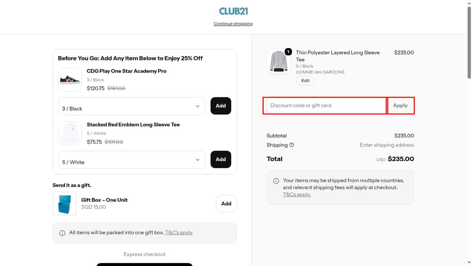 Club 21 checkout page showing the Discount code or gift card field and Apply button