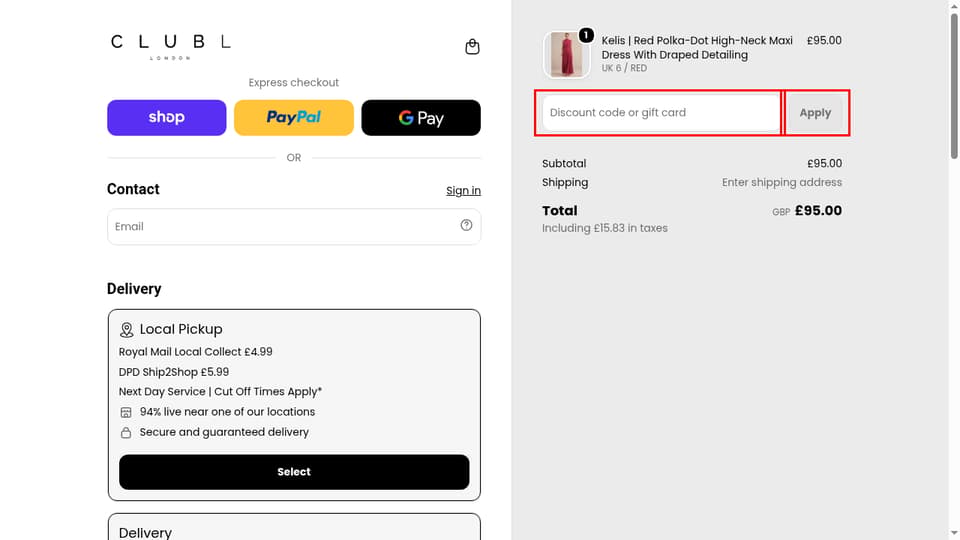 Club L London checkout page showing the Discount code or gift card field and Apply button