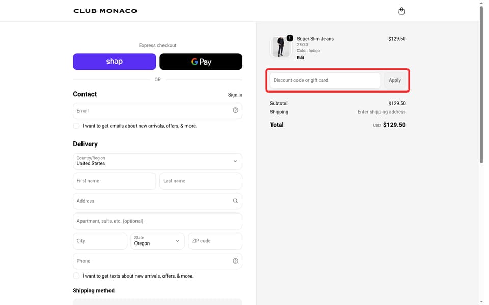 Club Monaco checkout page showing the Discount code or gift card field and Apply button