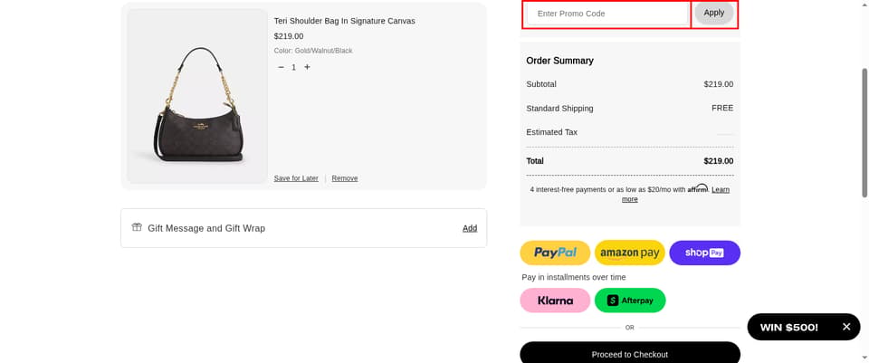 COACH Outlet checkout page showing the 
