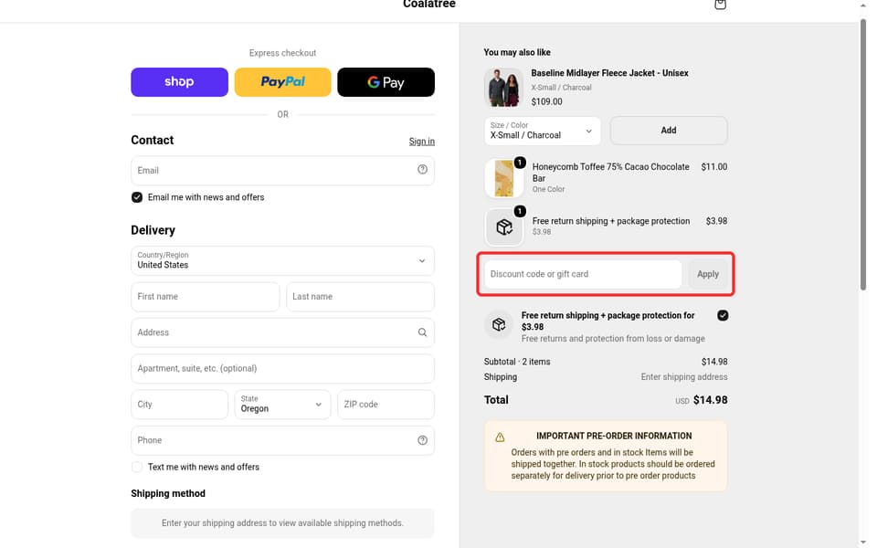 Coalatree checkout page showing the Discount code or gift card field and Apply button
