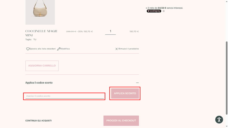 Coccinelle checkout page showing the Inserisci il codice sconto field and Applica sconto button