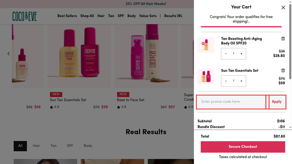 Coco & Eve checkout page showing the Enter promo code here field and Apply button