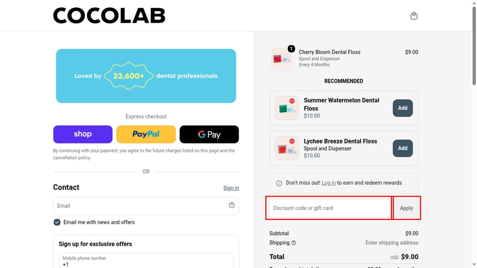 COCOLAB checkout page showing the Discount code or gift card field and Apply button