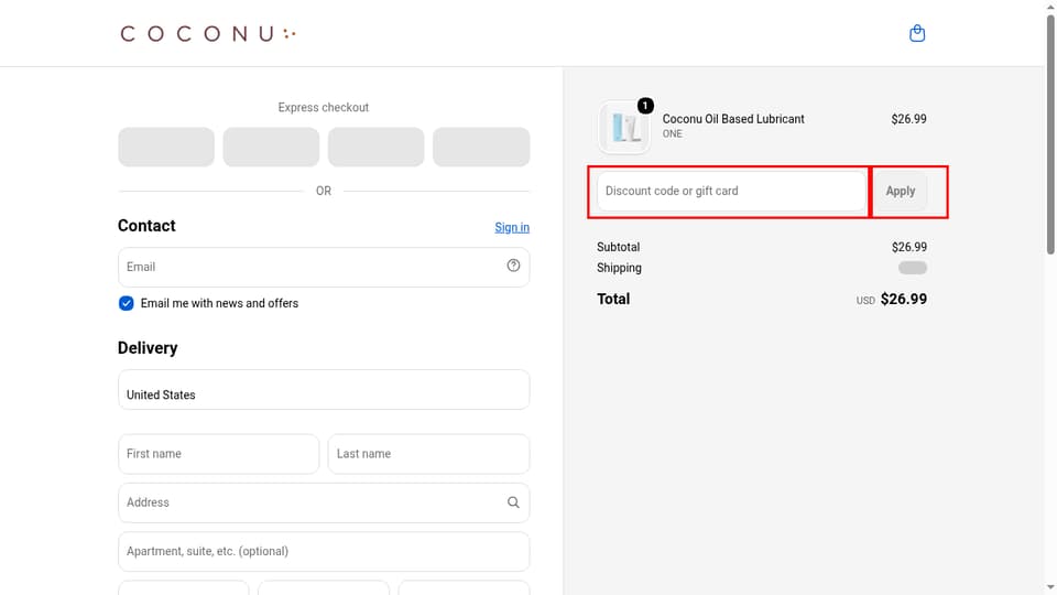 Coconu checkout page showing the Discount code or gift card field and Apply button