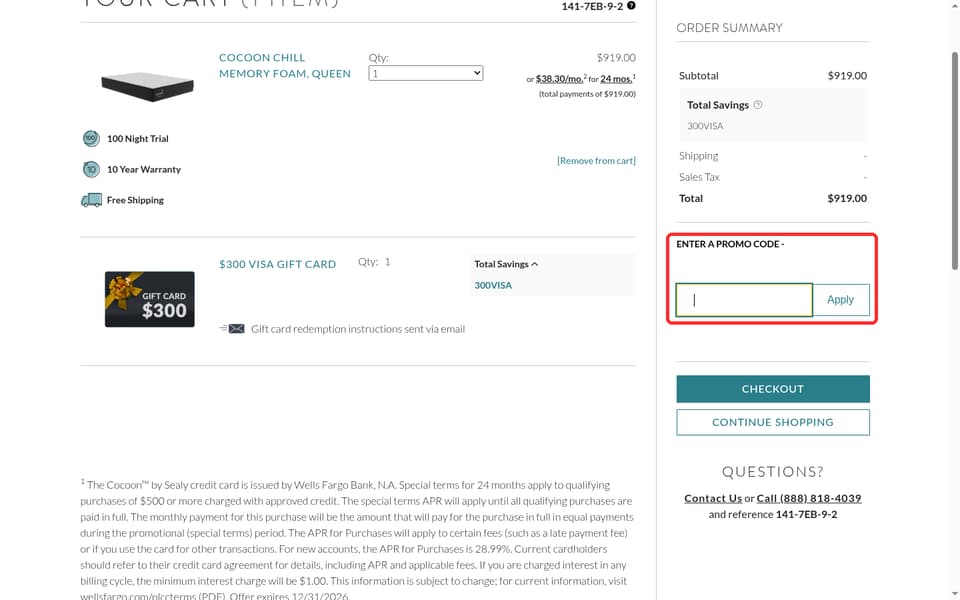 Cocoon by Sealy checkout page showing the Enter a Promo Code field and Apply button