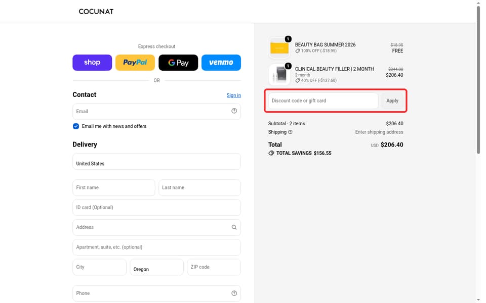 Cocunat checkout page showing the Discount code or gift card field and Apply button