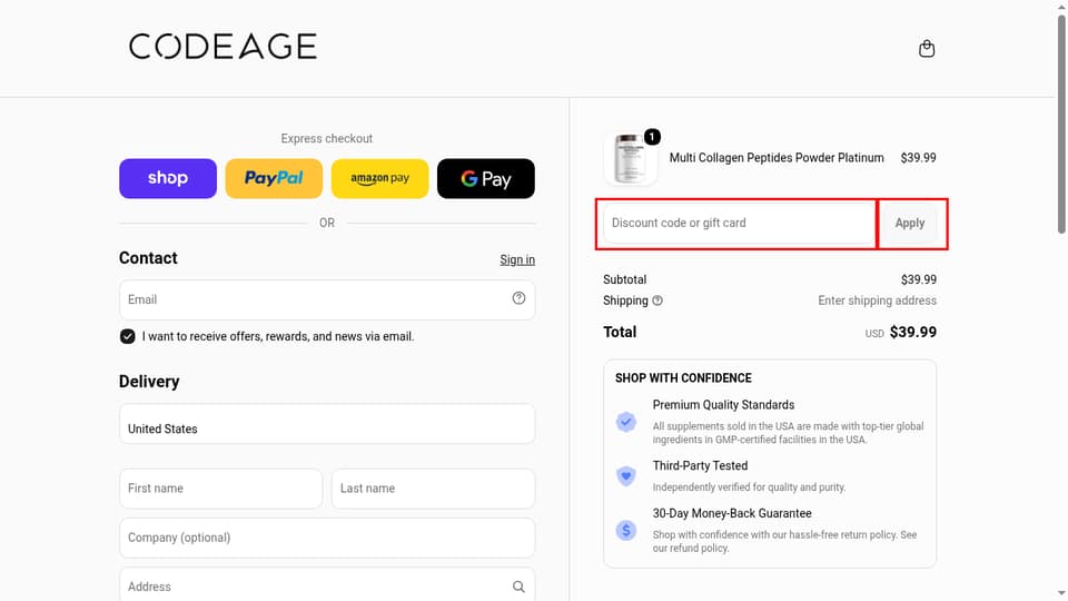 Codeage checkout page showing the Discount code or gift card field and Apply button