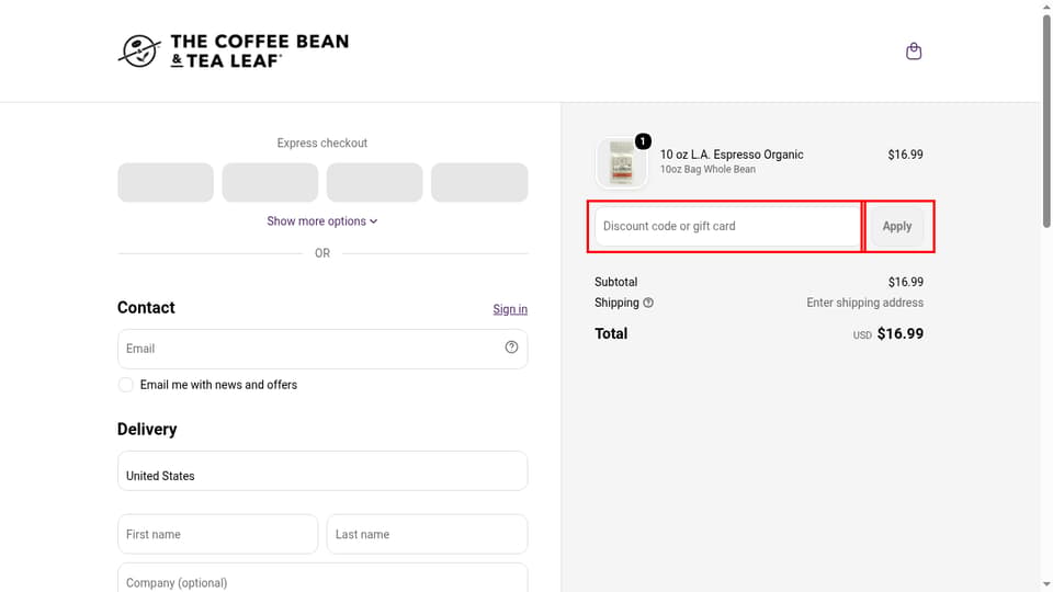 The Coffee Bean & Tea Leaf checkout page showing the Discount code or gift card field and Apply button