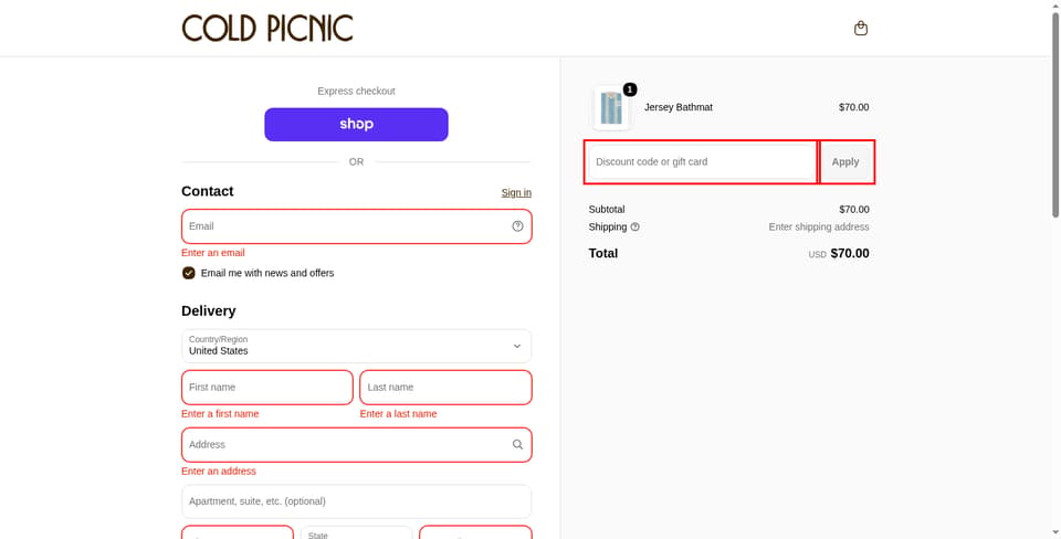 Cold Picnic checkout page showing the 