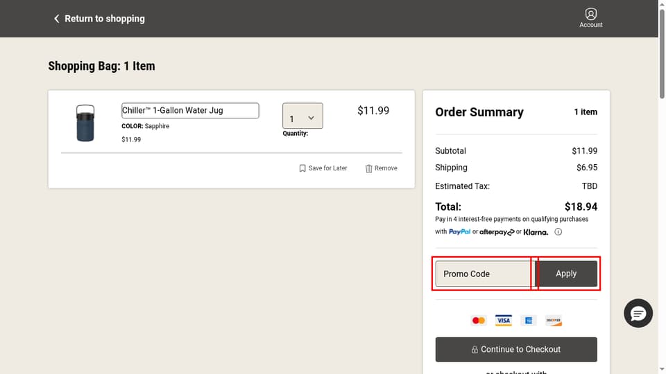 Coleman checkout page showing the Promo Code field and Apply button