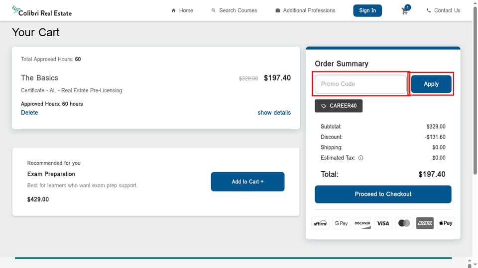 Colibri Real Estate checkout page showing the Promo Code field and Apply button