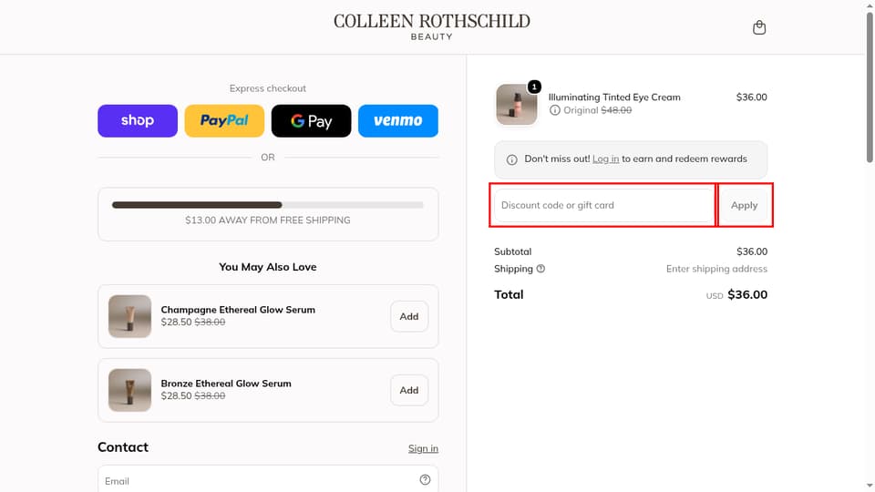 Colleen Rothschild Beauty checkout page showing the Discount code or gift card field and Apply button