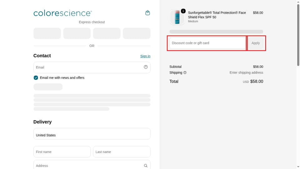 Colorescience checkout page showing the Discount code or gift card field and Apply button
