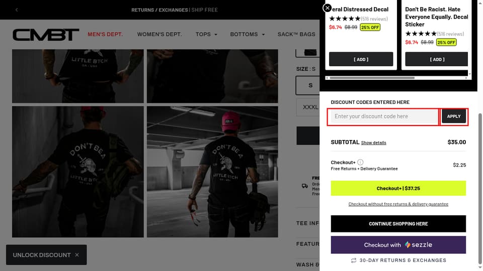 Combat Iron Apparel Co. checkout page showing the Enter your discount code here field and APPLY button