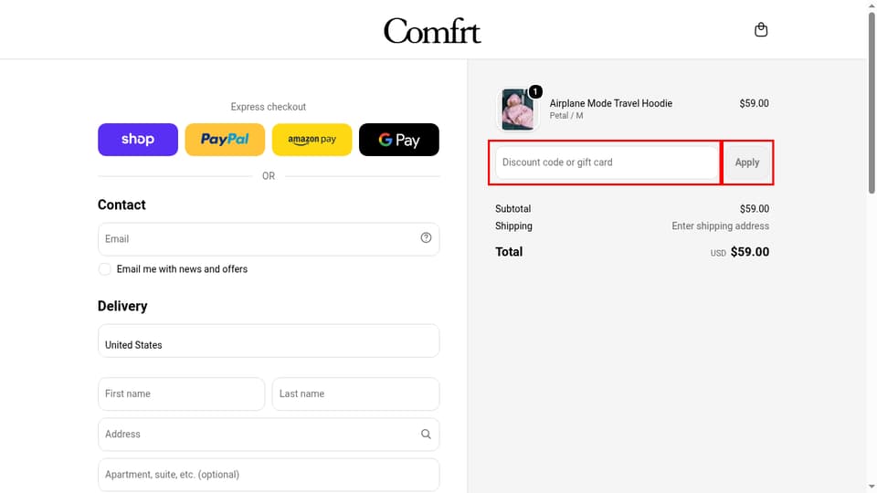 Comfrt checkout page showing the Discount code or gift card field and Apply button