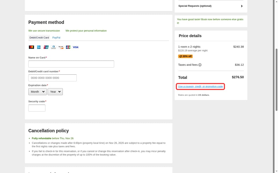 Condor Airlines checkout page showing the Enter it below field and Apply button