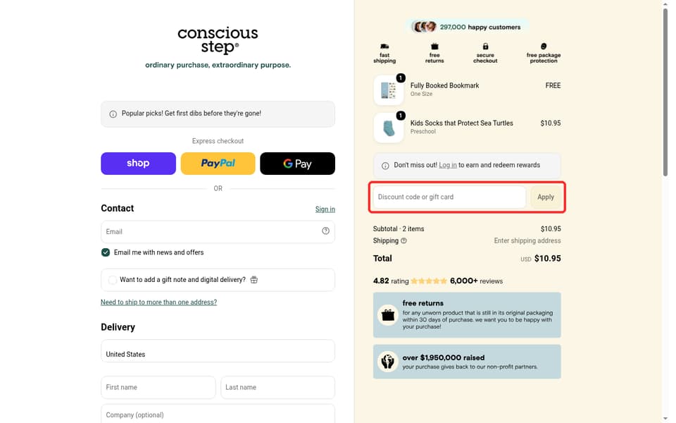 Conscious Step checkout page showing the Discount code or gift card field and Apply button