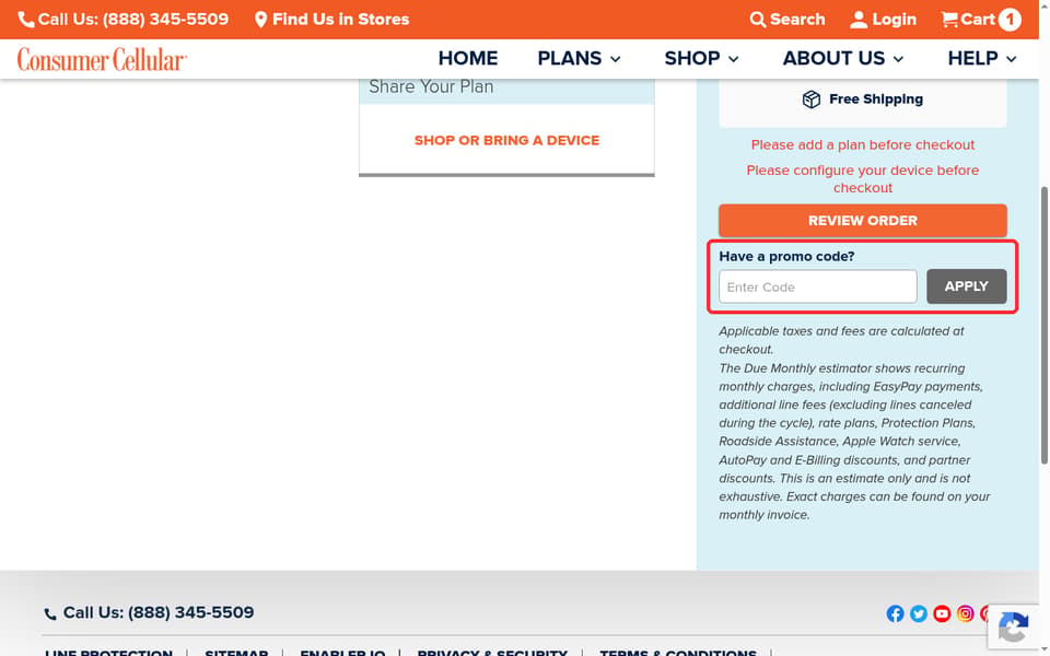 Consumer Cellular checkout page showing the Enter Code field and APPLY button