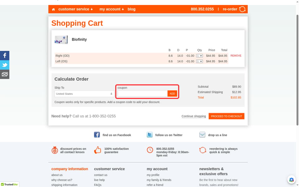 Contact Lens King checkout page showing the coupon field and add button