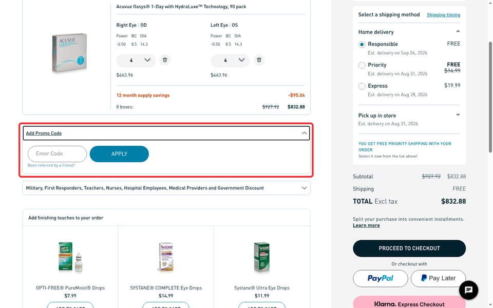 ContactsDirect checkout page showing the Enter Code field and APPLY button