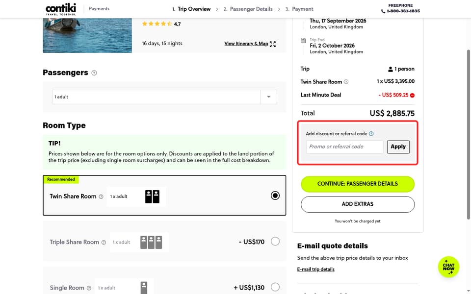 Contiki checkout page showing the Promo or referral code field and Apply button