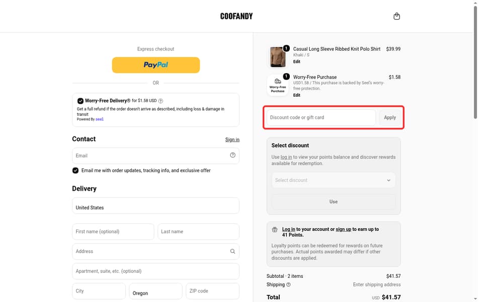 Coofandy checkout page showing the Discount code or gift card field and Apply button