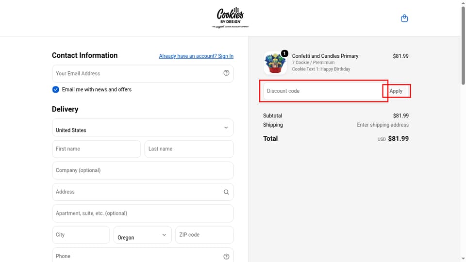 Cookies by Design checkout page showing the Discount code field and Apply button