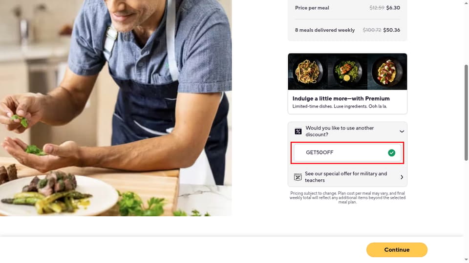 CookUnity checkout page showing the Enter code field and Apply button