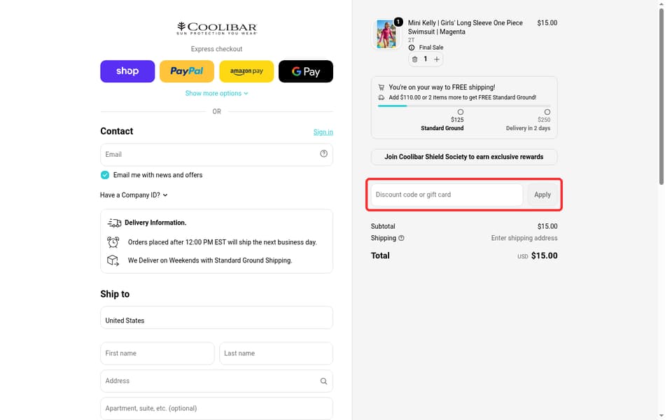 Coolibar checkout page showing the Discount code or gift card field and Apply button