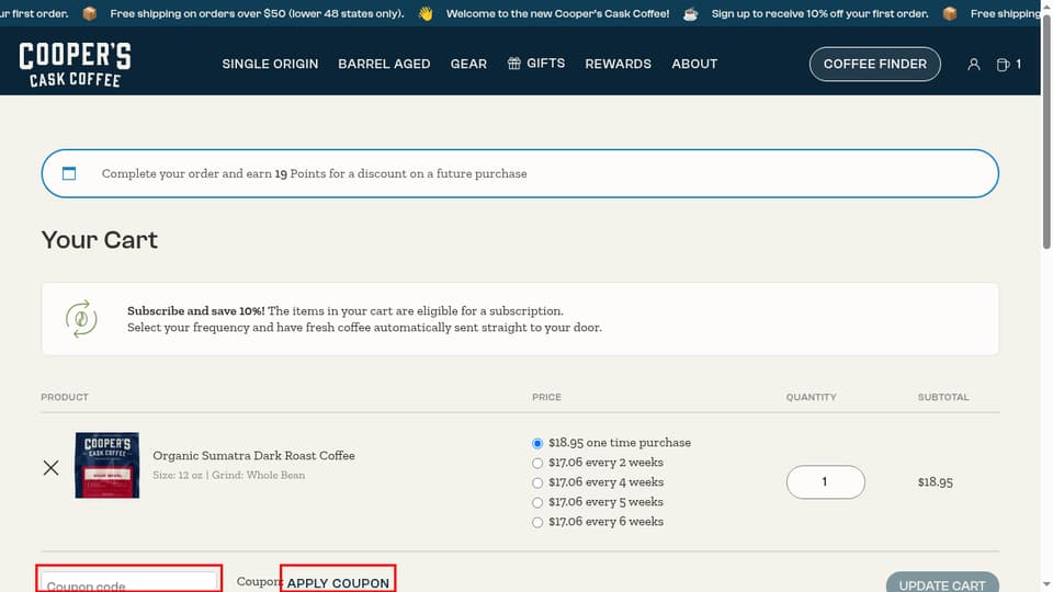 Cooper's Cask Coffee checkout page showing the Coupon code field and Apply coupon button