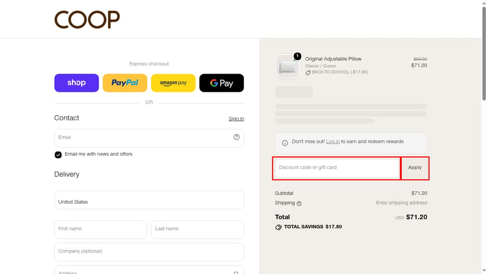 Coop Sleep Goods checkout page showing the Discount code or gift card field and Apply button