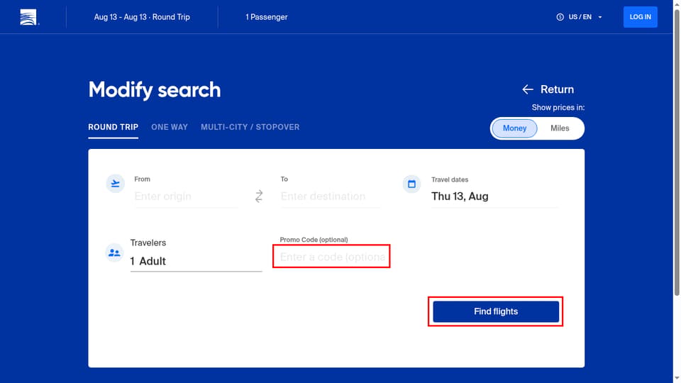 Copa Airlines checkout page showing the Enter a code (optional) field and Find flights button